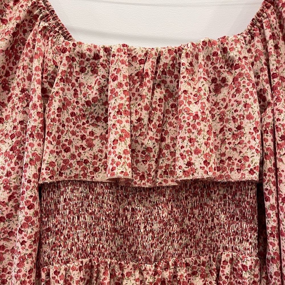 ✨BEAUTIFUL✨ Red Pink Floral Maxi Dress with Ruffles - size L - Picture 9 of 10